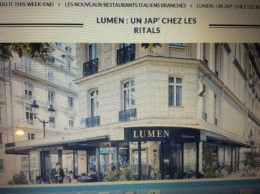 レストラン ルーメン Restaurant  Lumen 15 rue des pyramides 75001 (juste en face de Junkudo) 01 44 50 77 07 ルーブル美術館ガラスのピタミット近く